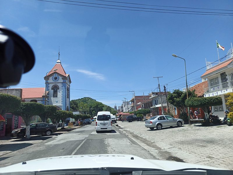 The blue clock tower of the old Metepec textile mill, Puebla