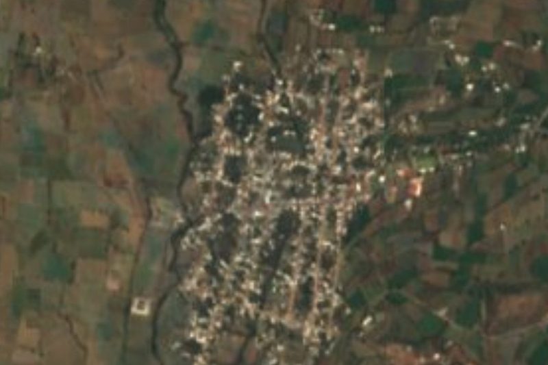 Vista satelital de Cacaloxúchitl y sus campos en el valle de Atlixco, Puebla
