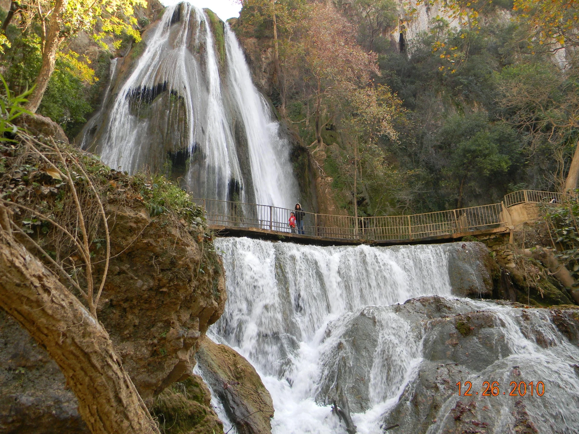Cola de Caballo waterfall and footbridge in the forest, Santiago, Nuevo León