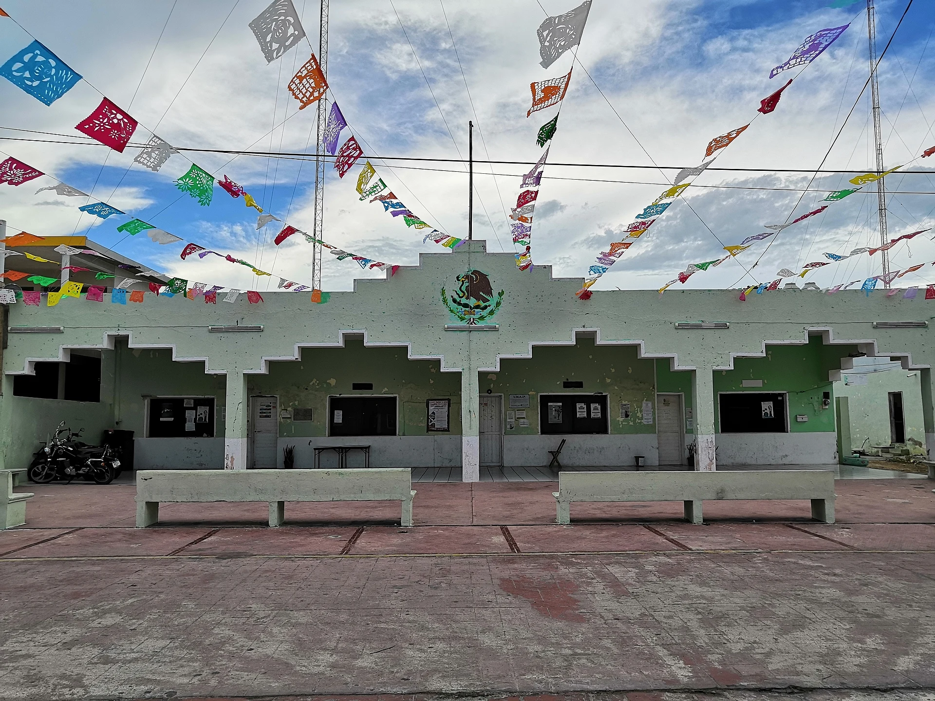 Municipal palace of San Felipe decorated with papel picado, Yucatán
