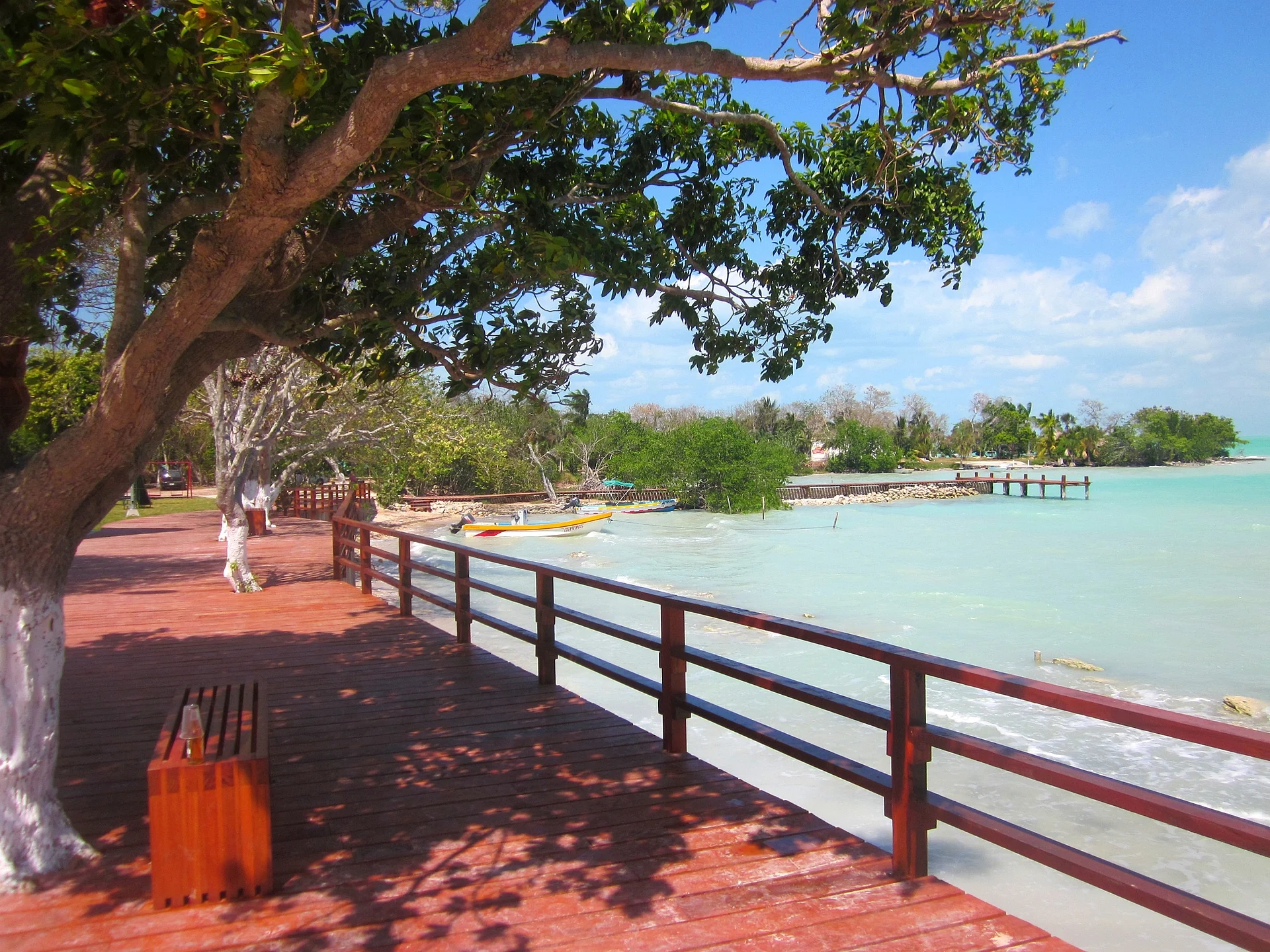 Waterfront boardwalk and bay at Calderitas, Quintana Roo