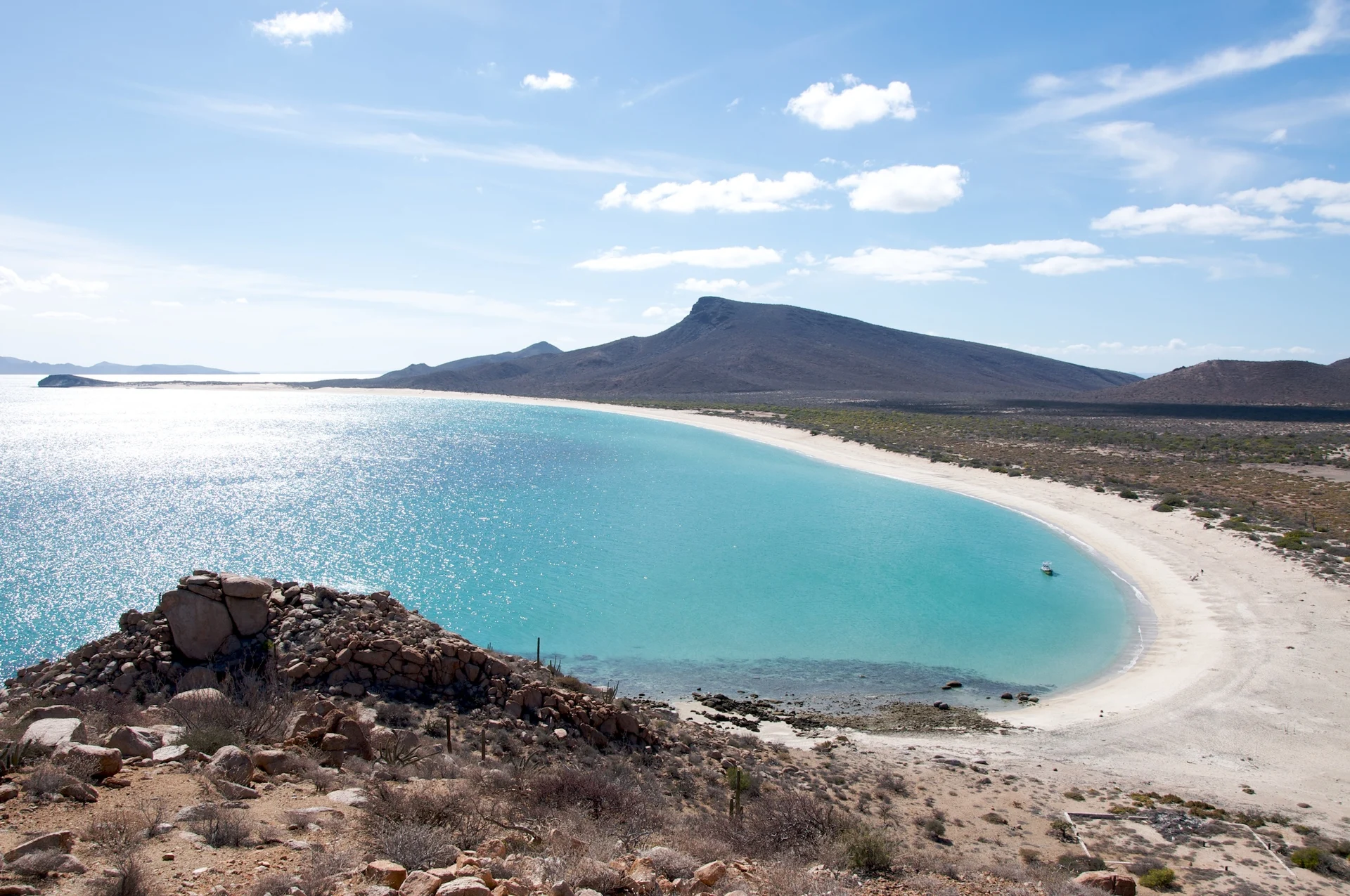A long white-sand beach with turquoise water on Isla Espíritu Santo, Baja California Sur