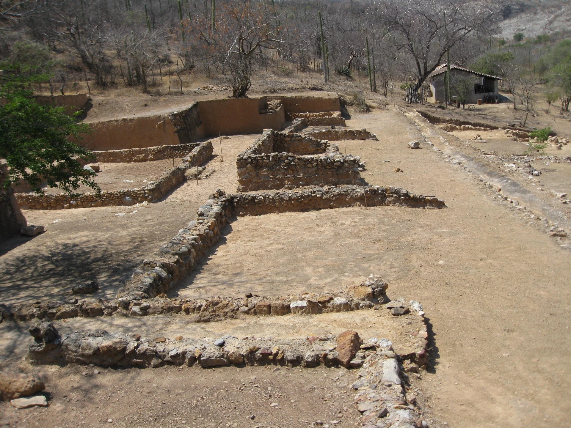 Low stone foundations of the residential area at the Teopantecuanitlán archaeological site, set among dry tropical forest, Guerrero