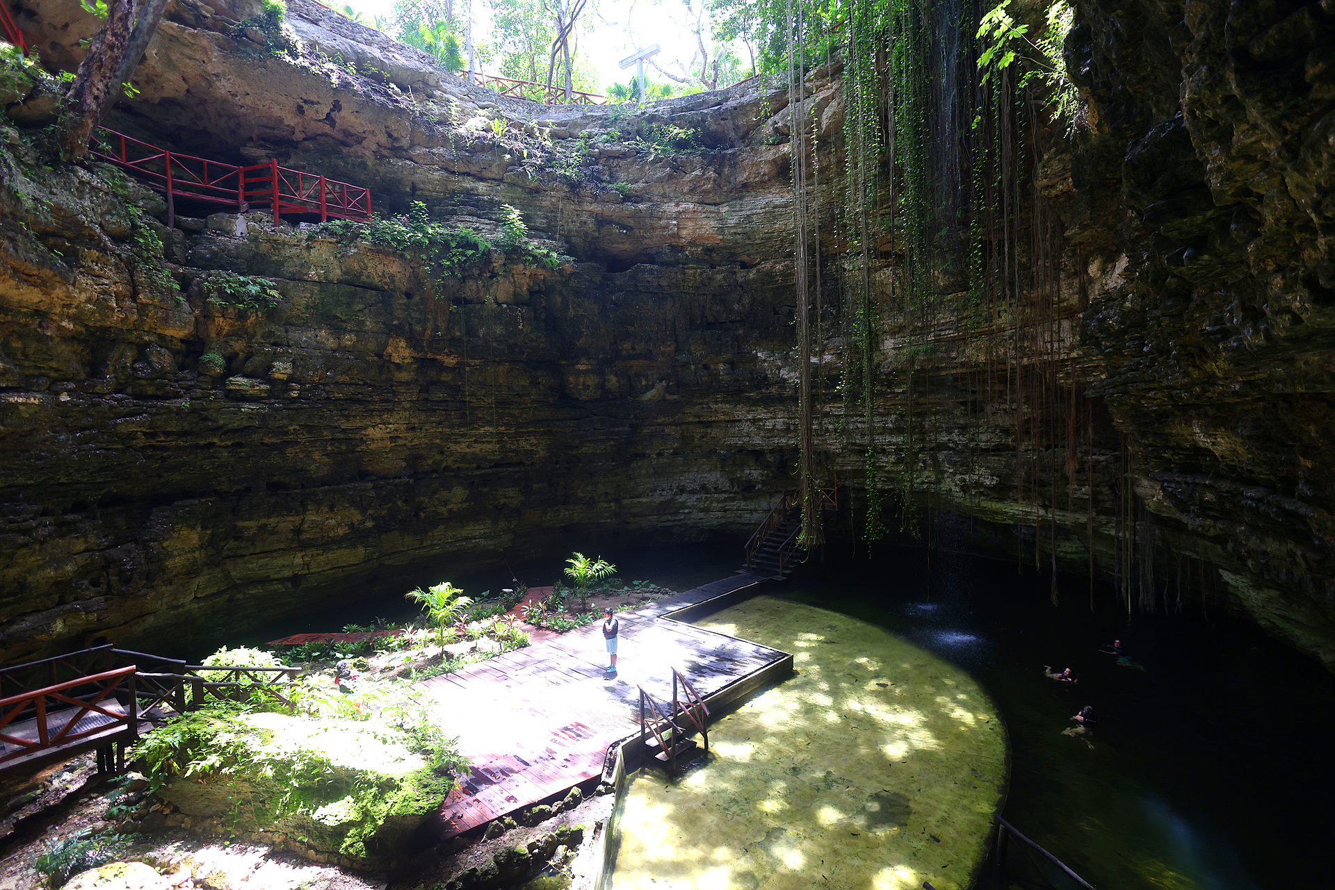 El cenote Chichikan visto desde arriba, con lianas colgantes, paredes de roca y una plataforma de madera sobre el agua, Yucatán