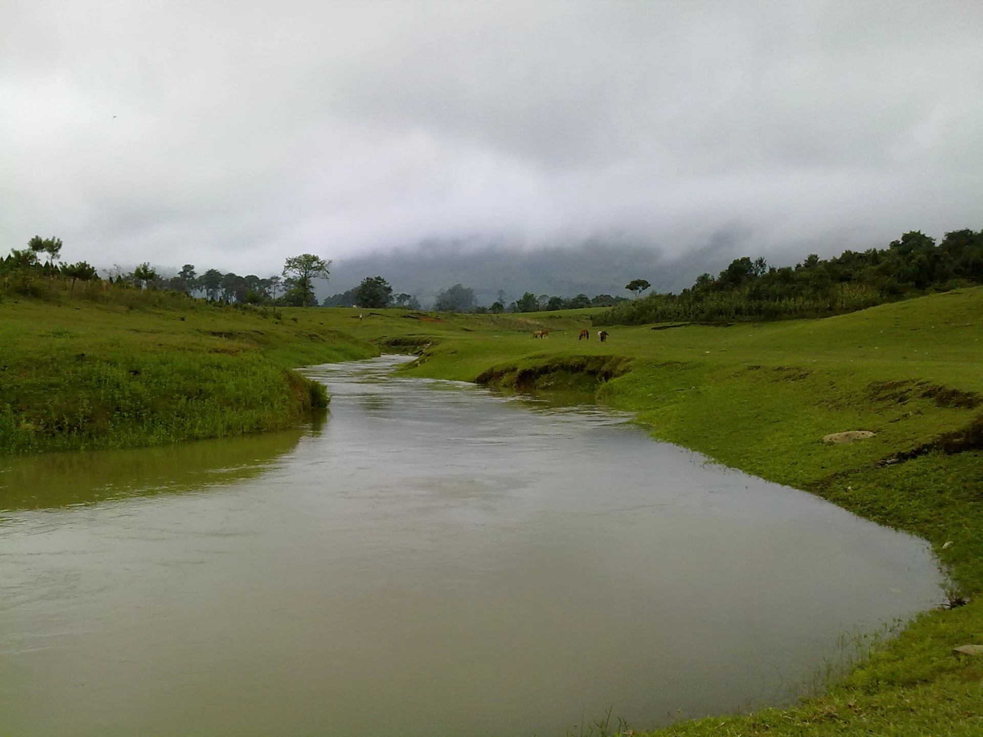 The Papatlazolco River among green pastures under cloud, about 2 km from Xaltepuxtla, Puebla